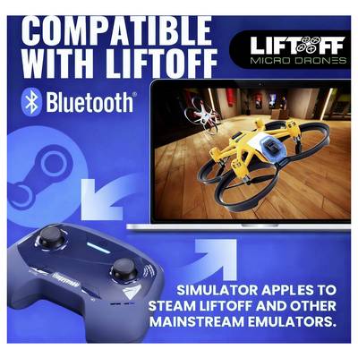 'Compatible with Liftoff Micro Drones' is written. A Bluetooth controller and a laptop display a yellow drone in a simulator.