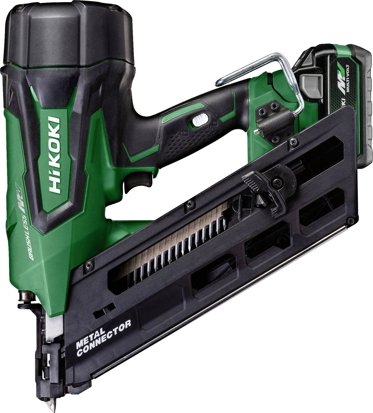 Green and black cordless nail gun labeled 'HiKOKI'. Designed for metal connectors, featuring a battery pack and ergonomic handle.