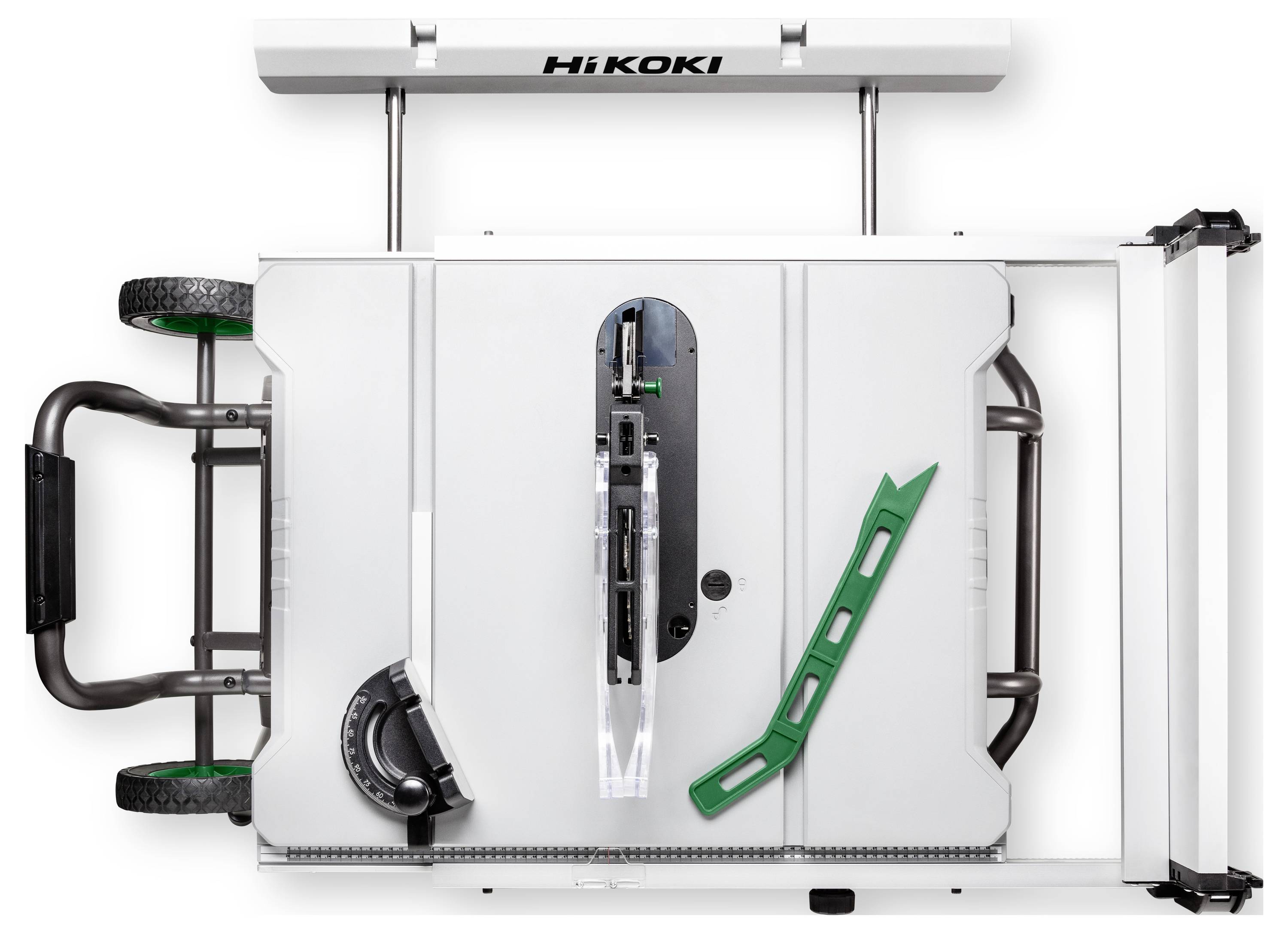A table saw seen from above with a metal base, green handle, and measurement gauge.