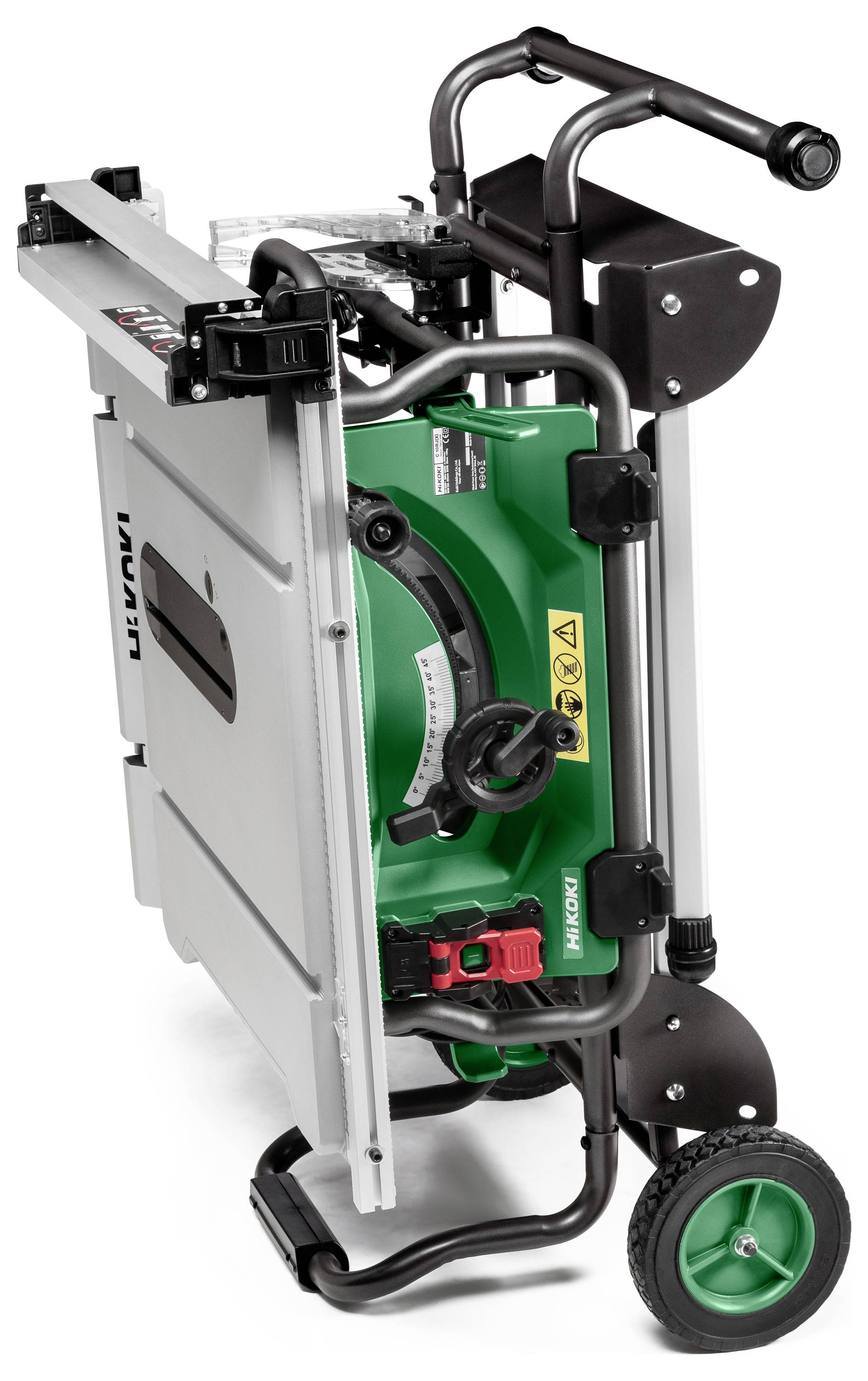 A portable saw table with wheels, folded for easy transport. Features a handle, adjustment knob, and visible safety labels.