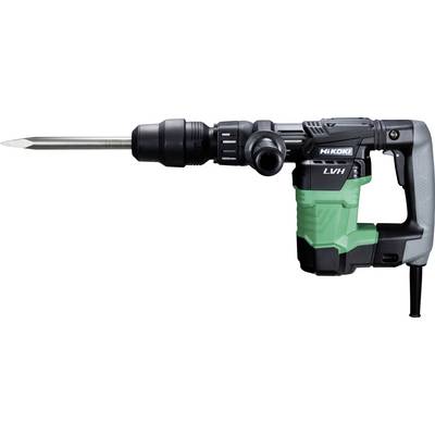 A power drill with a long metal drill bit, featuring a green and black design with brand markings.