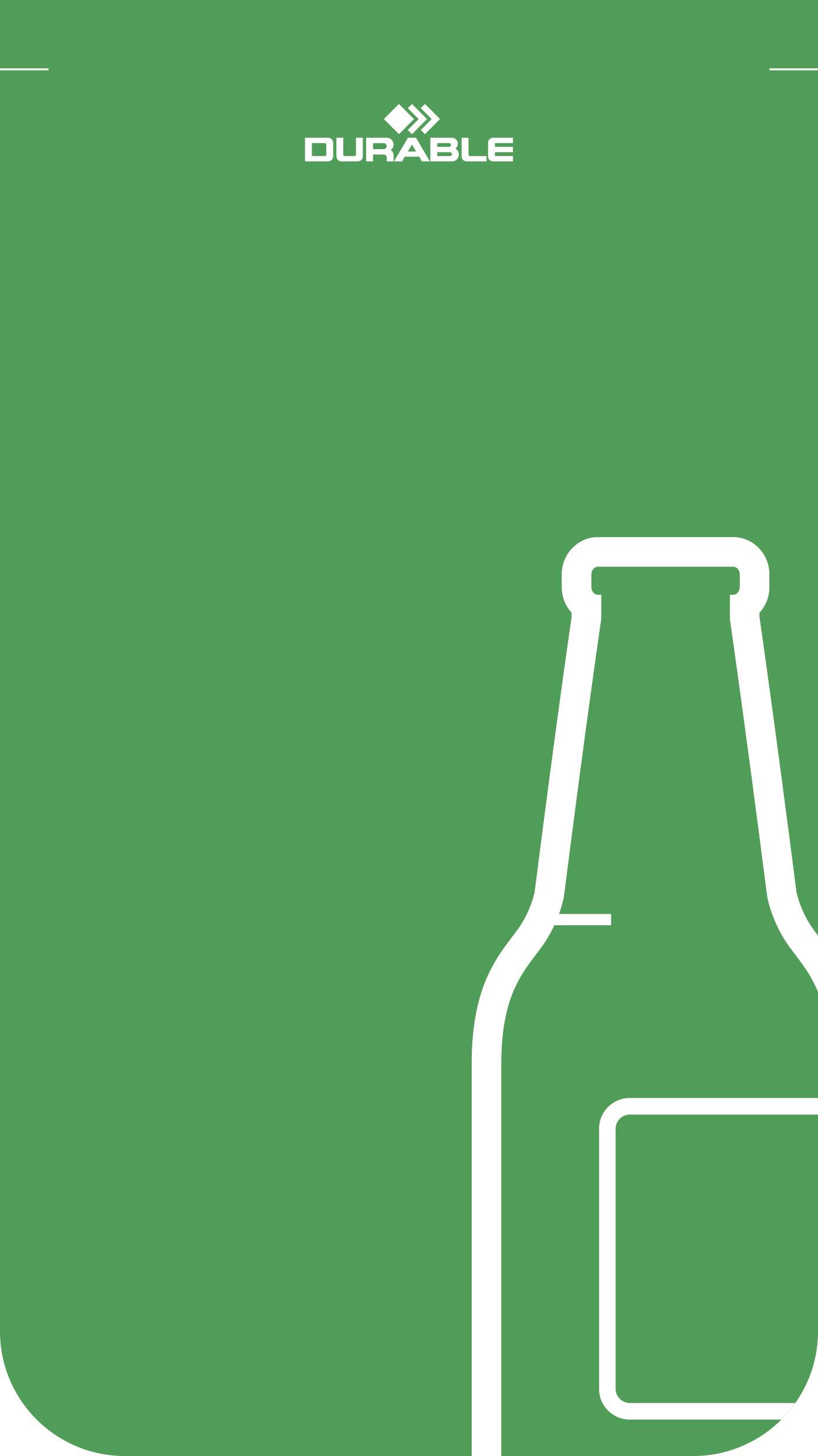 A green promotional banner with the word 'DURABLE' at the top and a line drawing of a bottle on the right side.