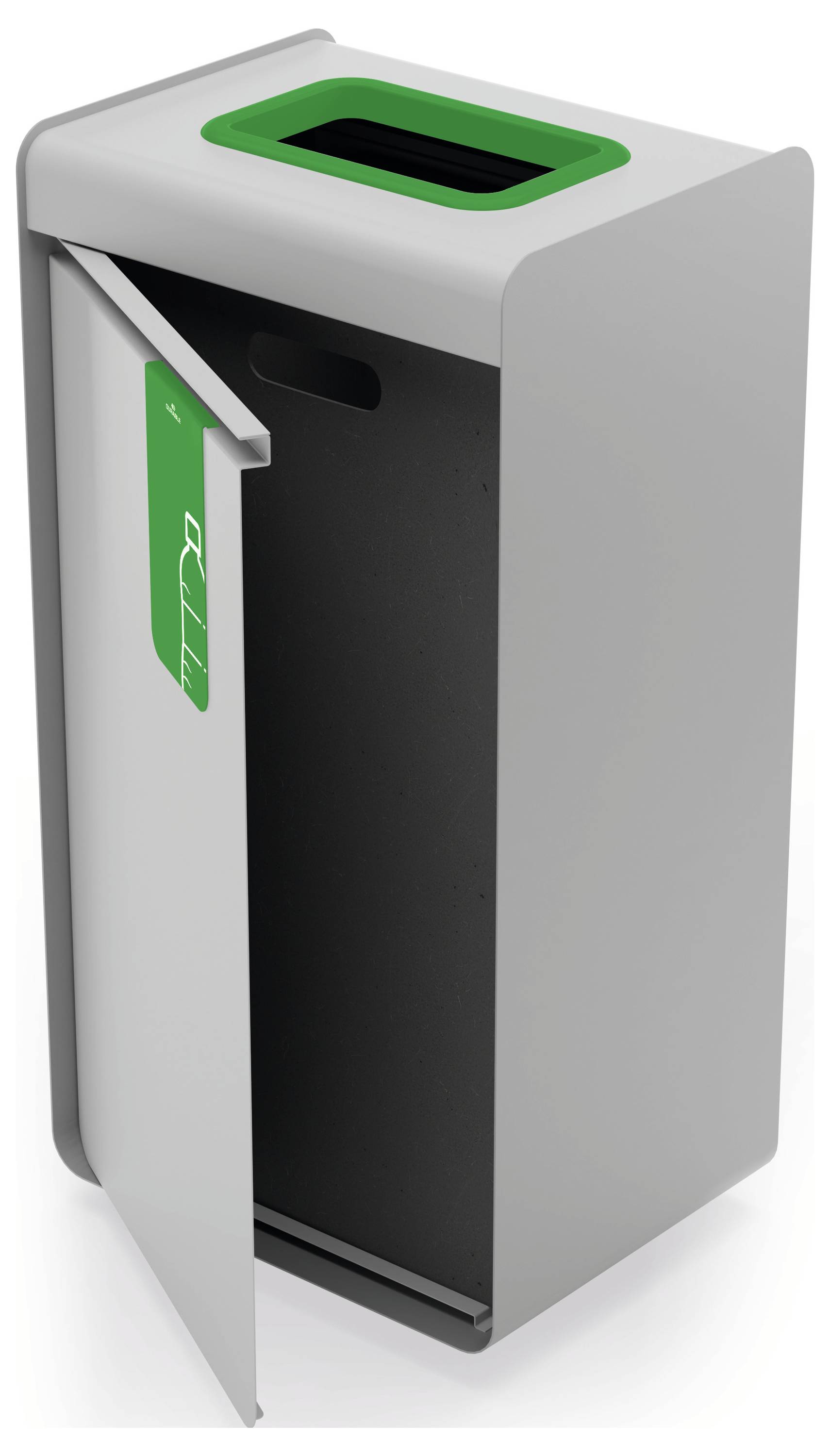 A gray recycling bin with a green lid and slot for paper disposal, shown with the front door open revealing the inner compartment.