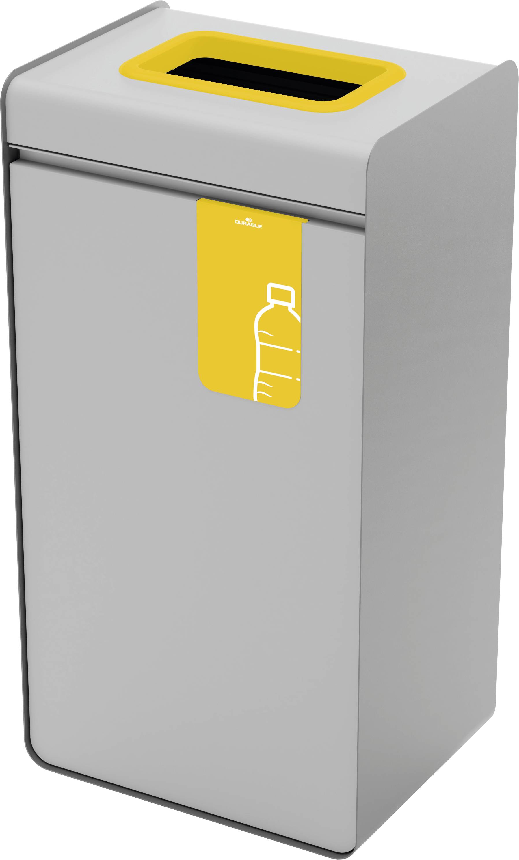 A gray recycling bin with a yellow slot and a bottle symbol, indicating it's for plastic waste disposal.