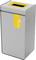 A gray recycling bin with a yellow slot and a bottle symbol, indicating it's for plastic waste disposal.
