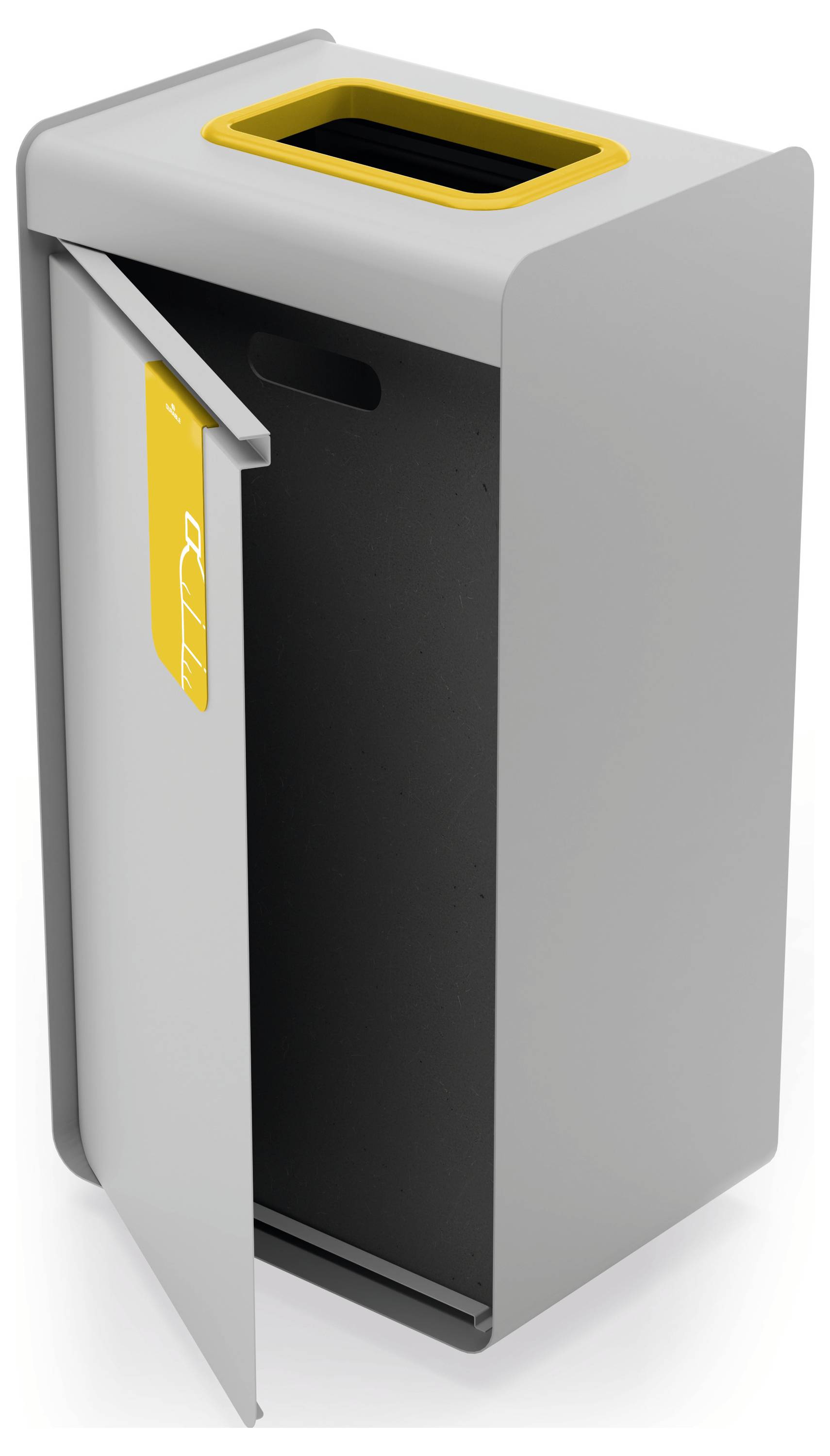A sleek, gray recycling bin with an open door and orange accents, designed for efficient waste management and easy access.