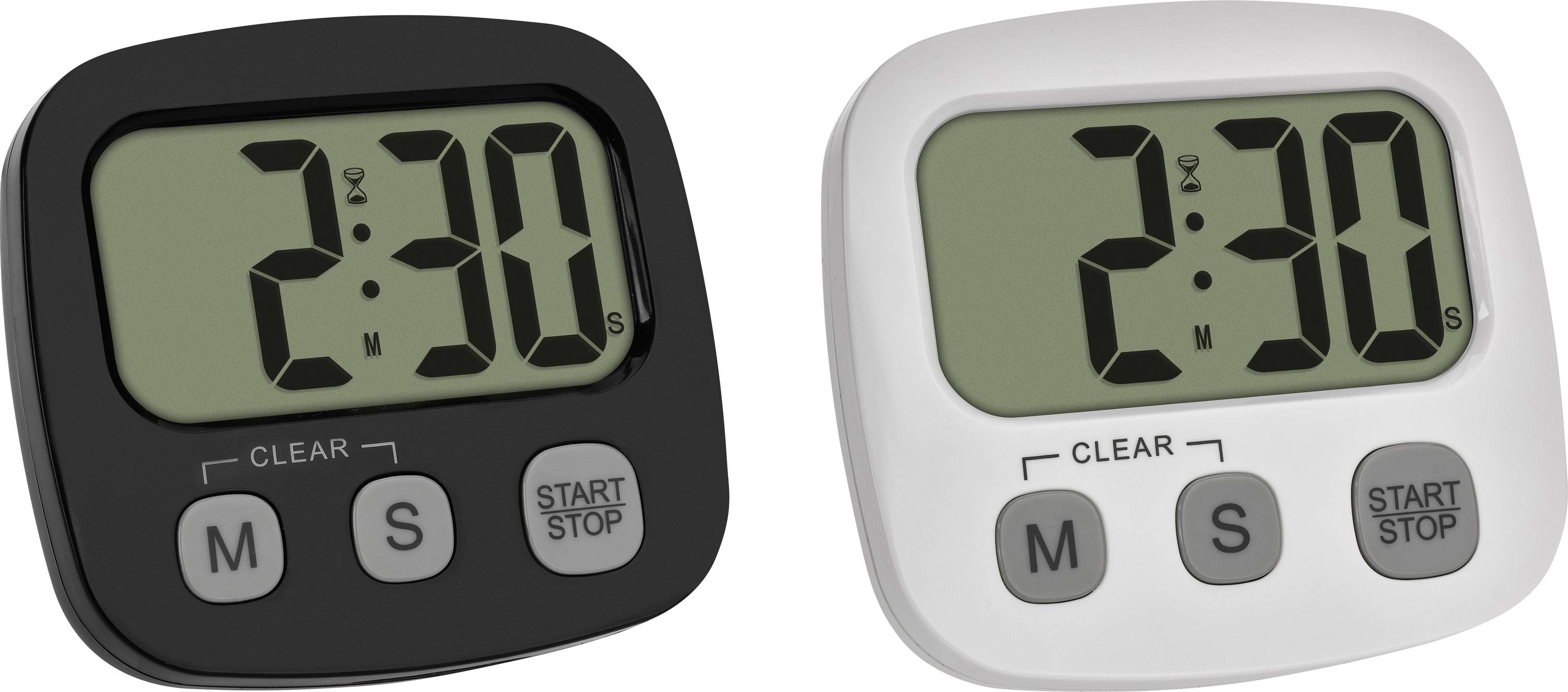 Two digital timers side by side, one black and one white, both displaying '2:30'. Each has buttons labeled 'M', 'S', and 'START/STOP'.