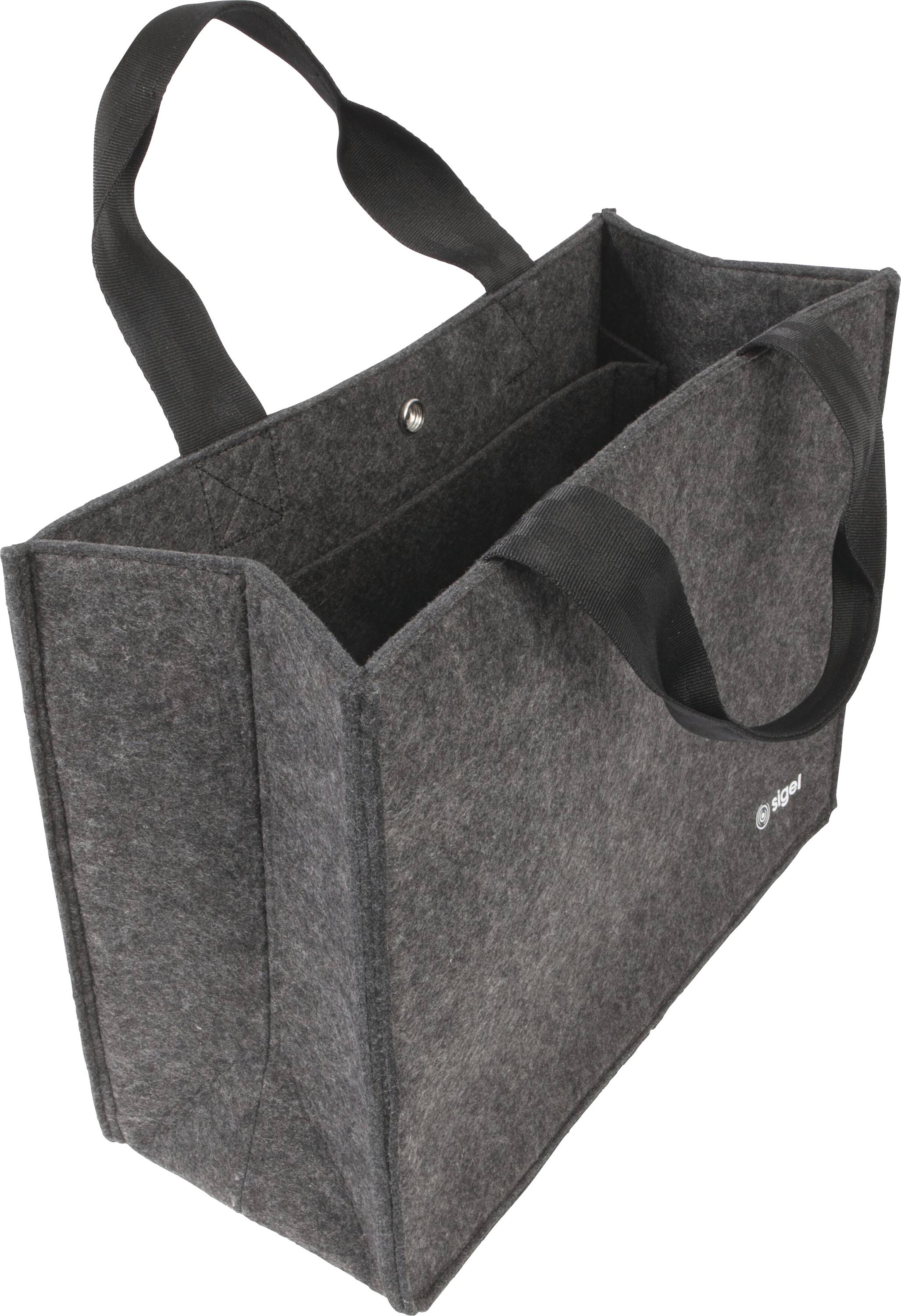 A gray felt tote bag with black handles and a snap closure, featuring a small circular logo on the side.