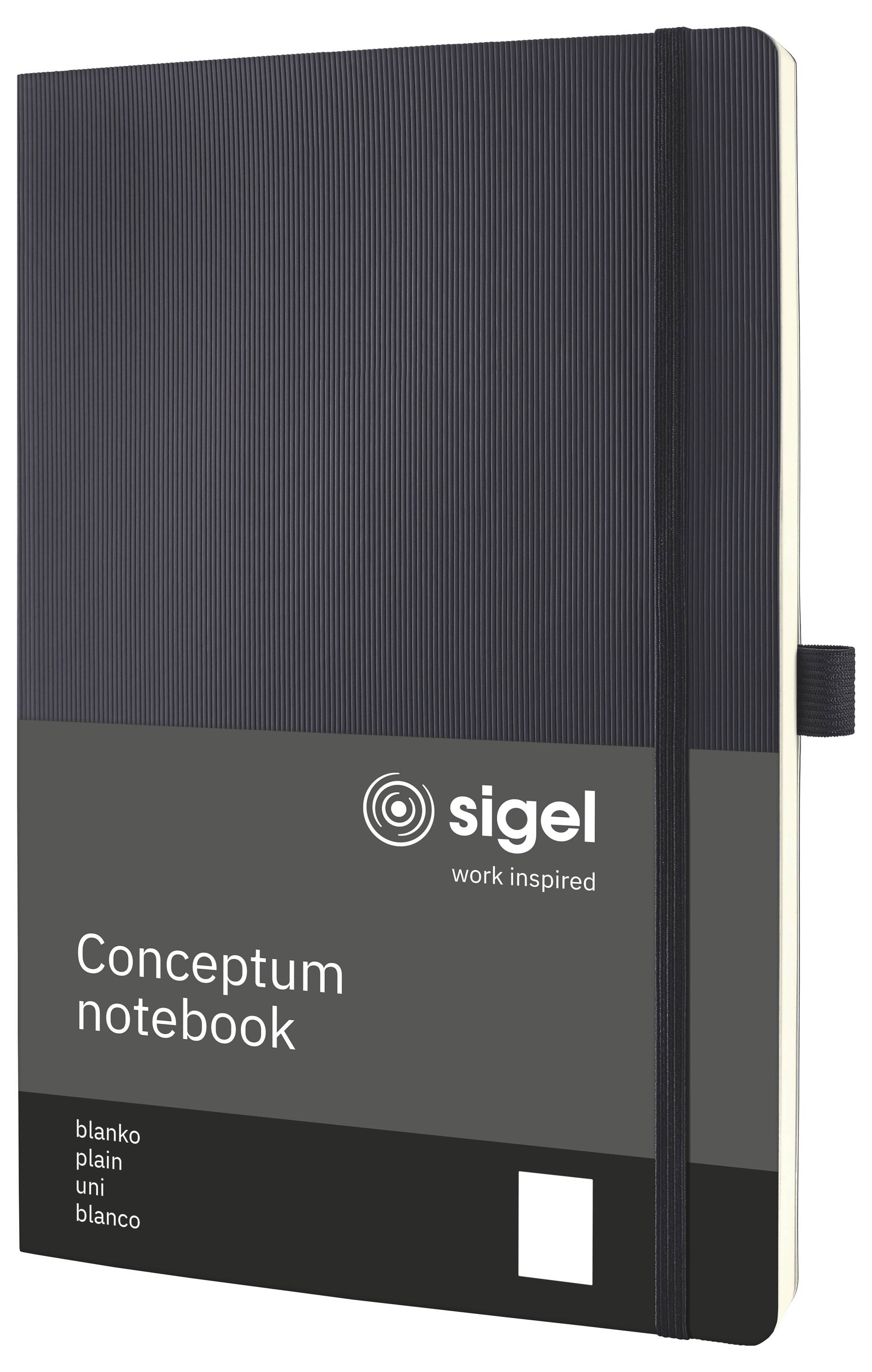 Black Sigel 'Conceptum notebook' with strap closure, shown as a product package on a white background.