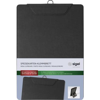 'Speisekarten-Klemmbrett', a menu clipboard with stand-up feature from Sigel, suitable for DIN A4 sheets, shown in black.
