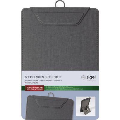 Menu clipboard with stand-up feature, designed for DIN A5 size papers. Featuring a dark gray finish and pictured in a freestanding position.