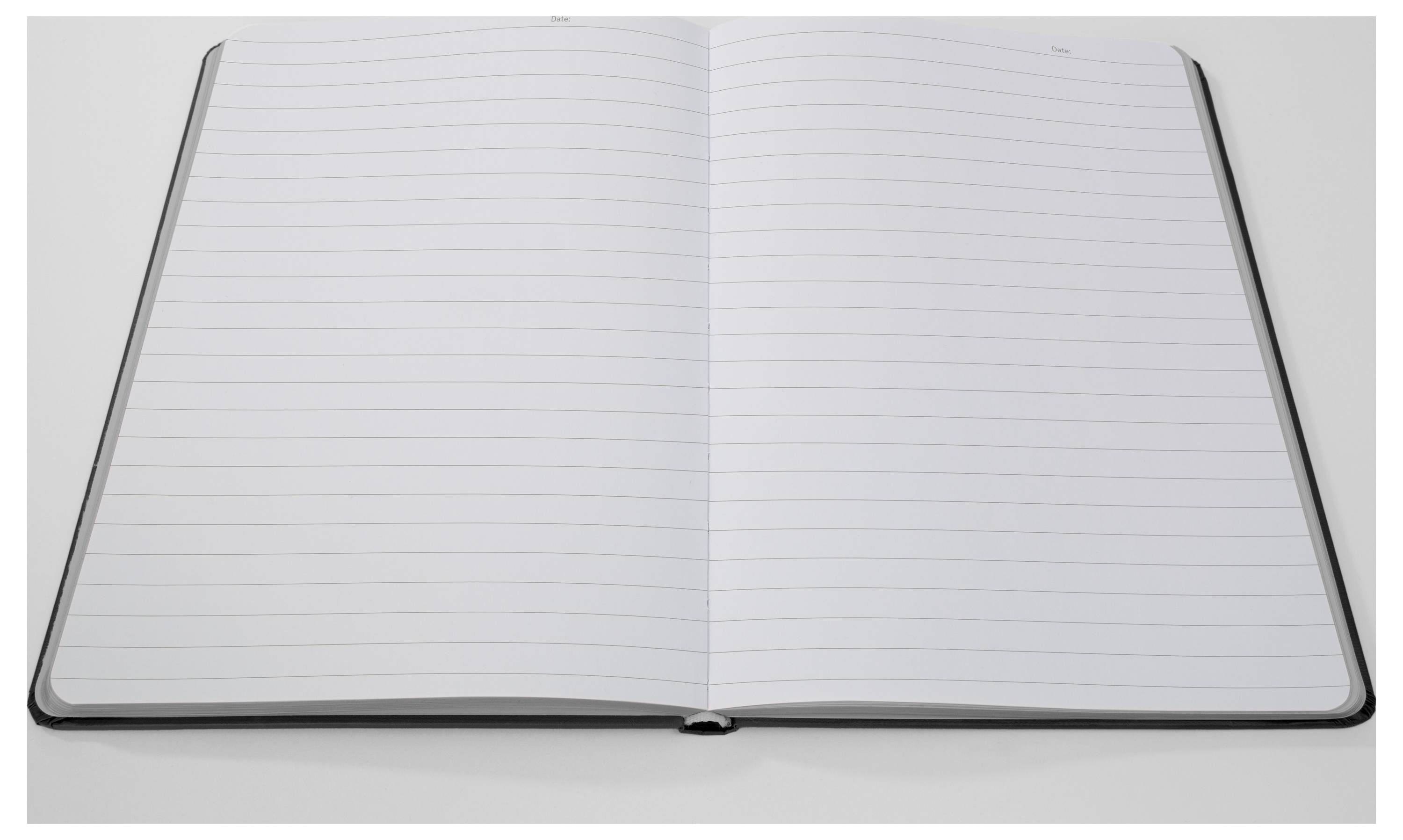 Open blank lined notebook spread on a plain background, ready for writing.