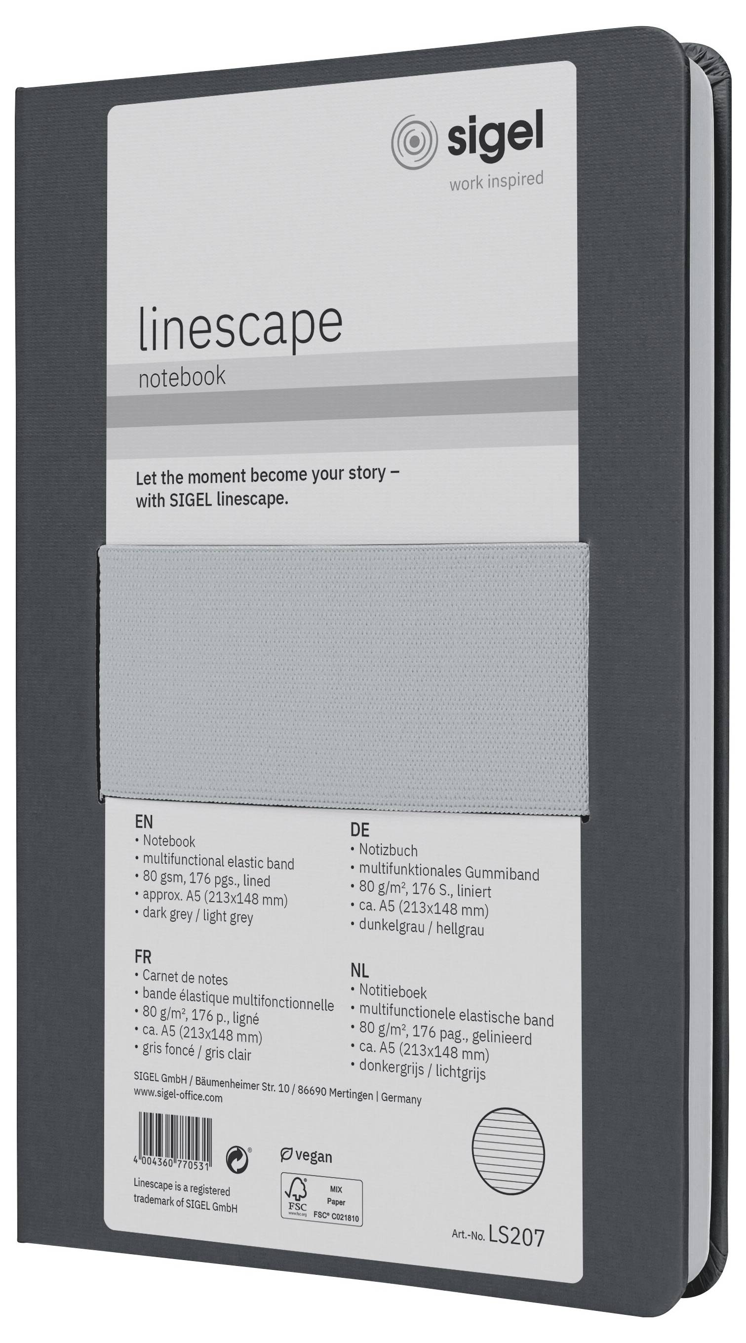 A SIGEL linescape notebook with a gray elastic band, shown front cover view with multilingual product details and barcode on the packaging.