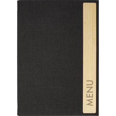 A black menu cover with a wooden strip on the right side displaying the word 'MENU'.
