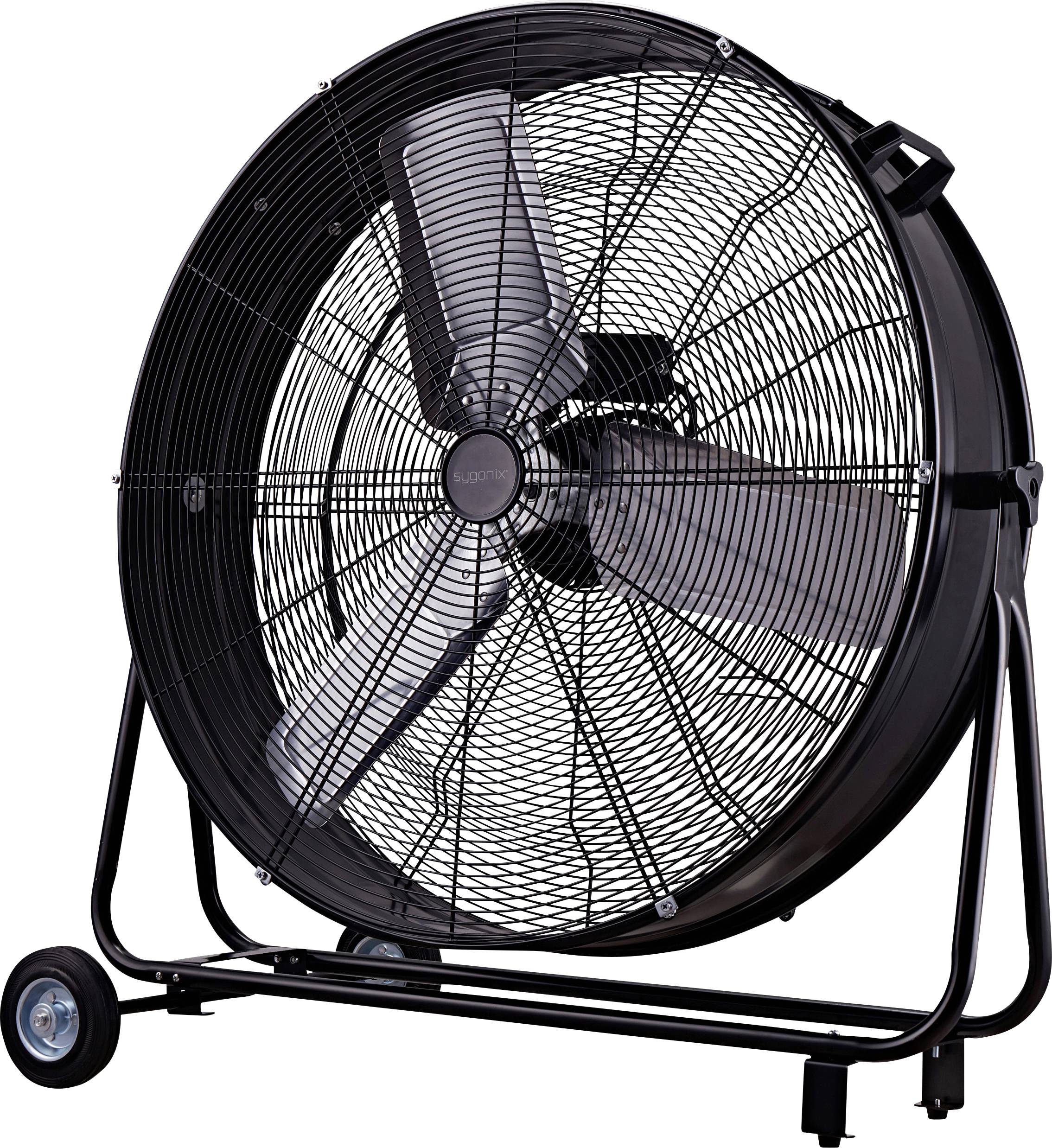 A large industrial-grade floor fan with a metal frame and sturdy wheels, suitable for cooling large spaces or ventilating areas.