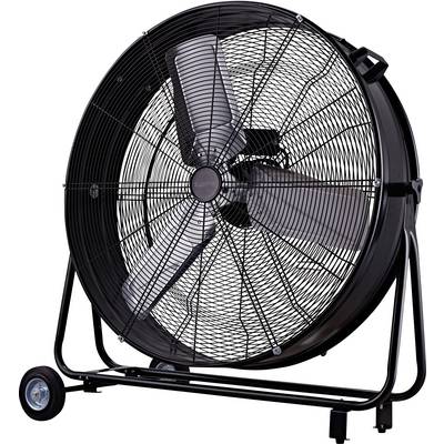 A large industrial-grade floor fan with a metal frame and sturdy wheels, suitable for cooling large spaces or ventilating areas.