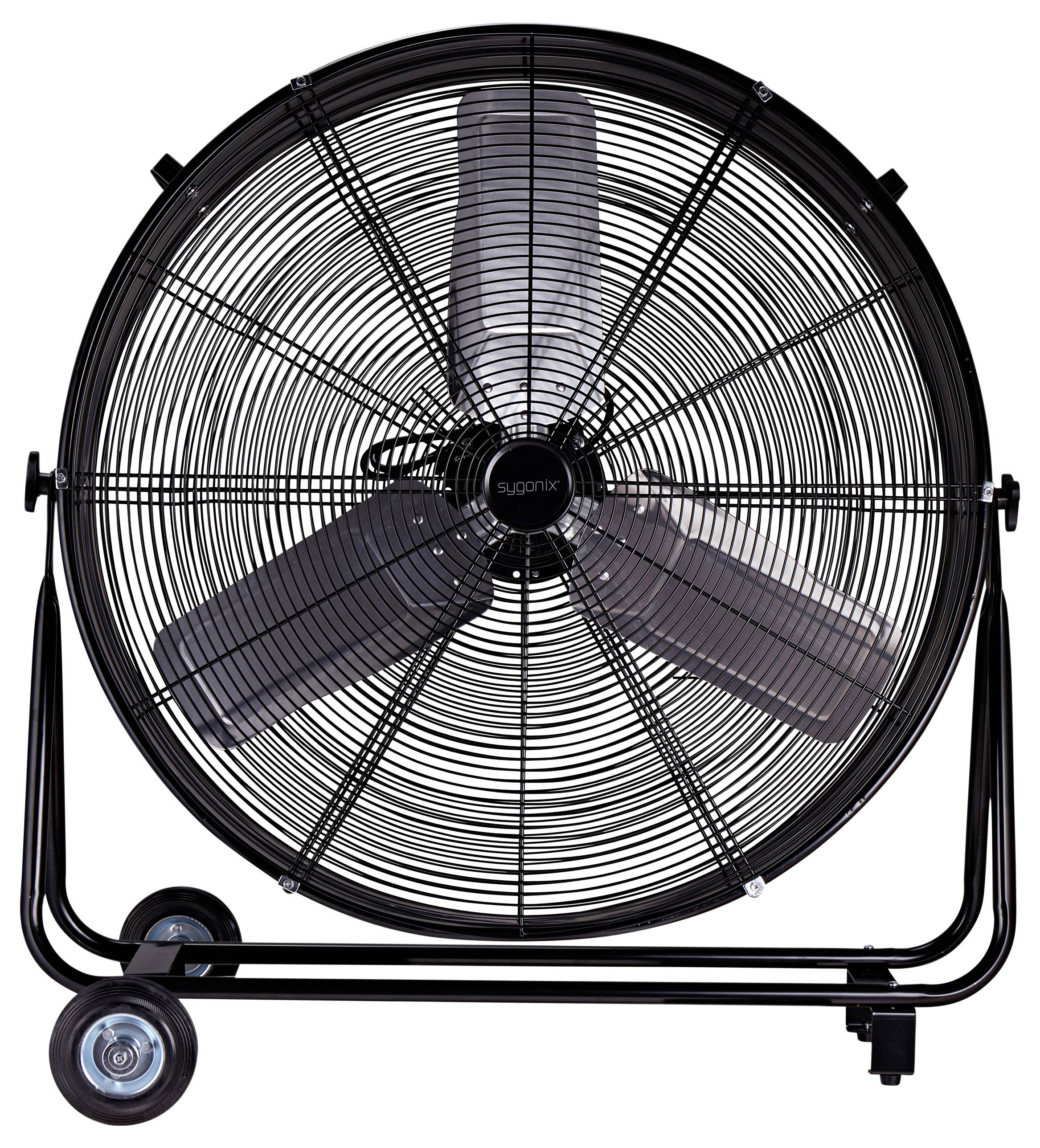 A large black industrial floor fan with three blades and a protective cage, mounted on a wheeled base for easy mobility.