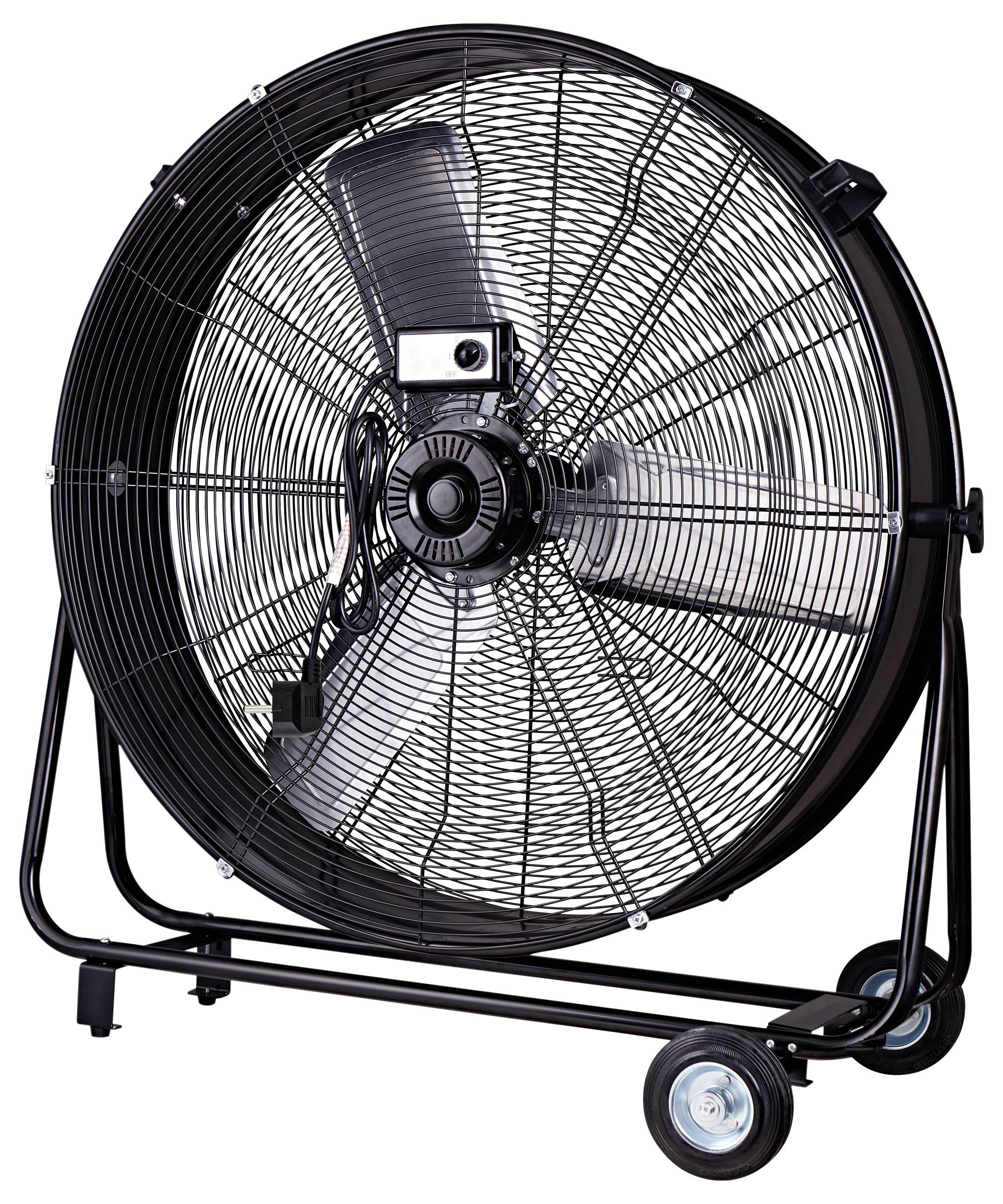 A black industrial floor fan with a large circular mesh, mounted on a steel frame with wheels for mobility.