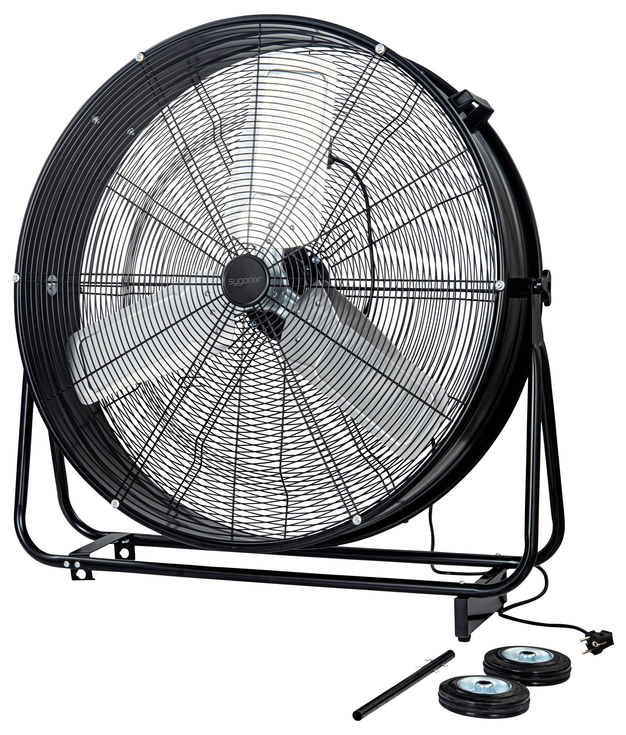 A large black oscillating floor fan with three blades sits on a stand. Includes a remote control and batteries in front of the fan.