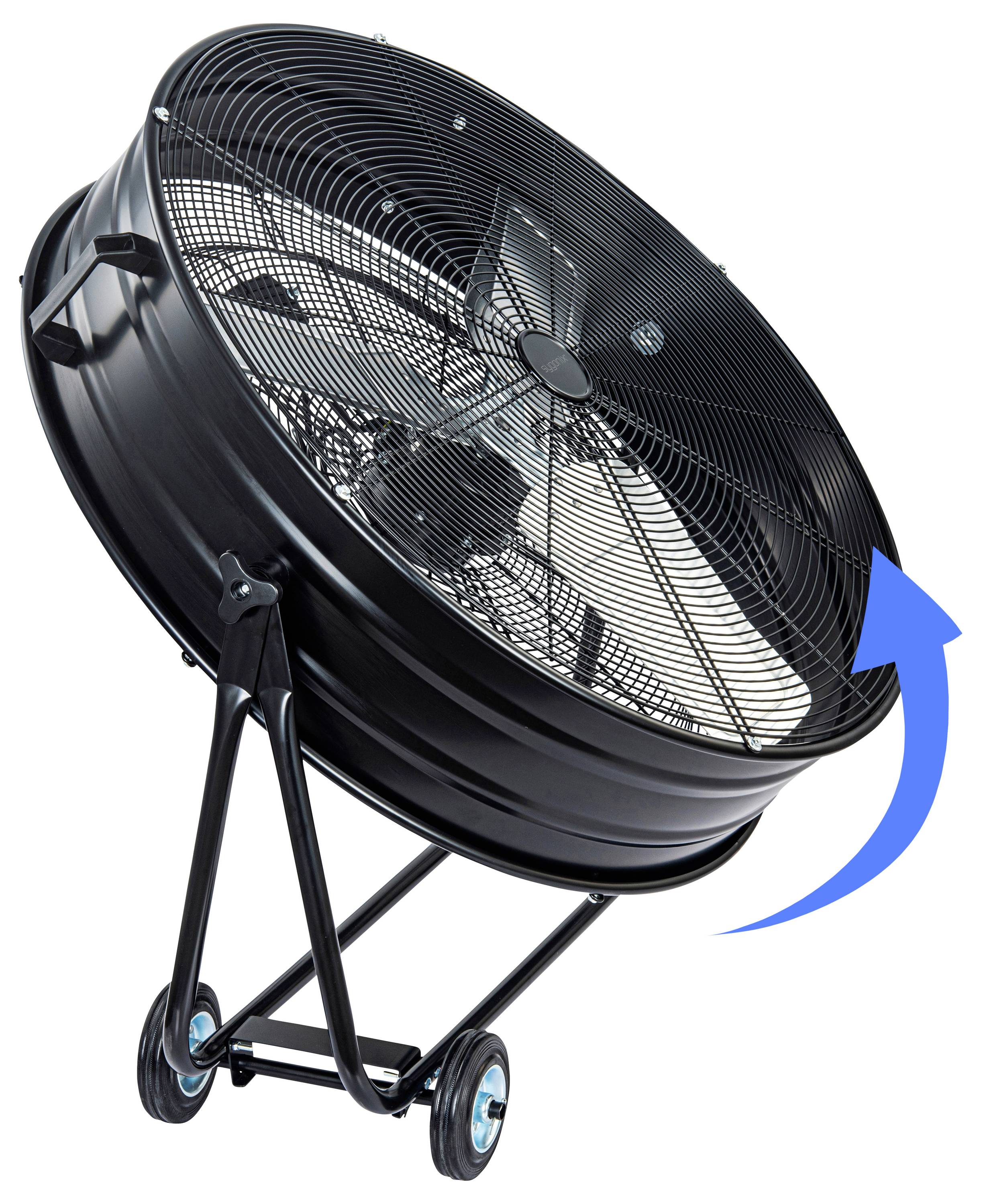 A large industrial fan on wheels, angled upward with a blue arrow showing airflow direction.