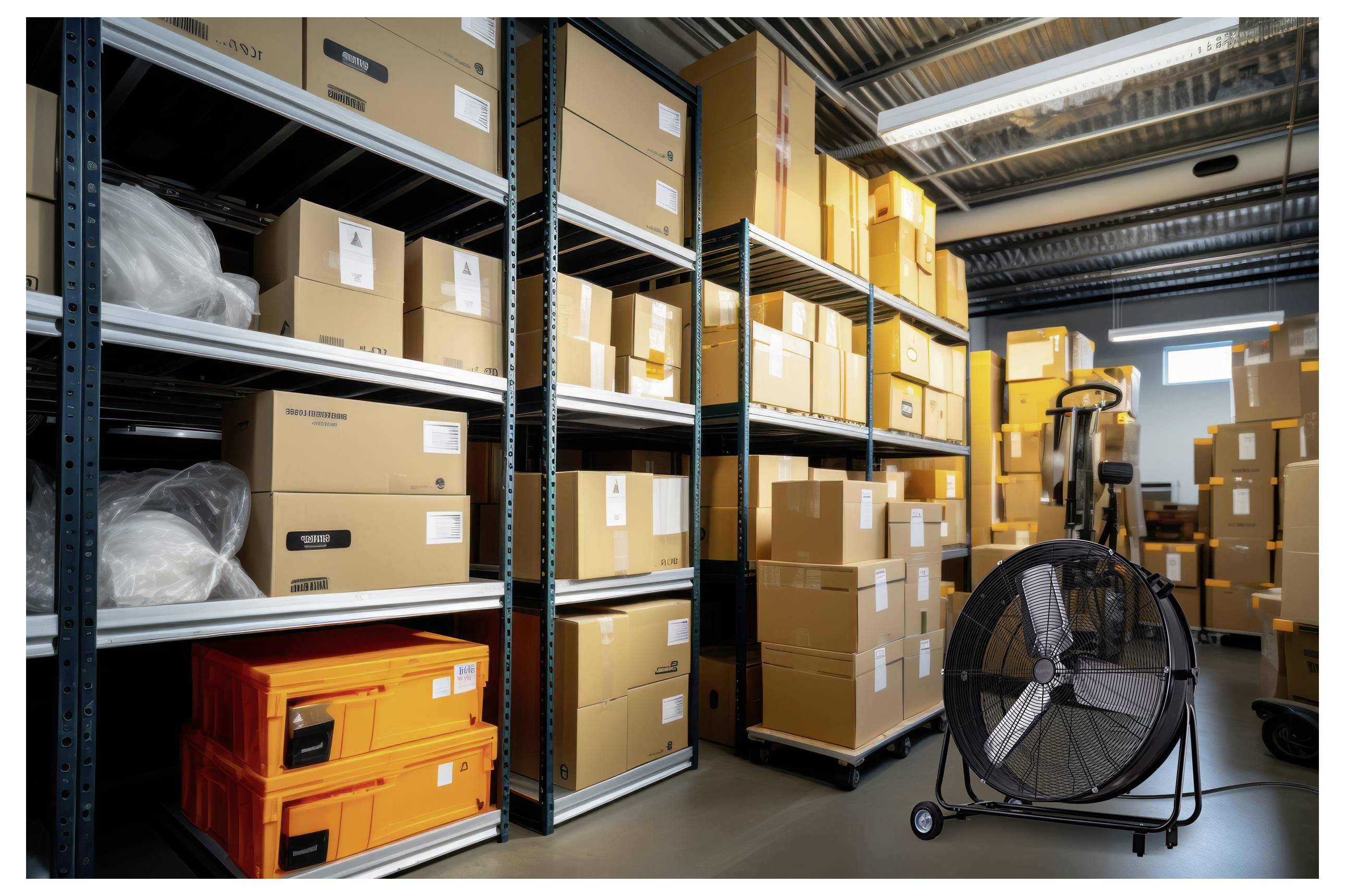 A warehouse interior with shelves stocked with labeled cardboard boxes, including orange containers. A large industrial fan is in the foreground.
