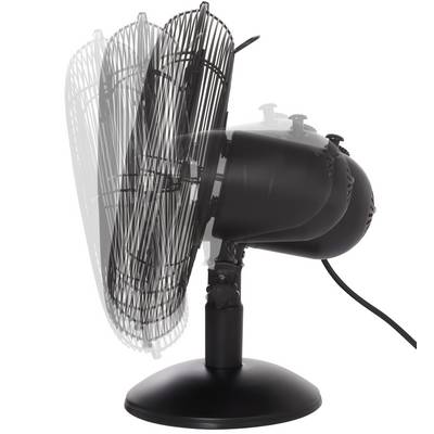 A black oscillating table fan shown from the side, indicating motion through blurred outlines of the fan head in different positions.