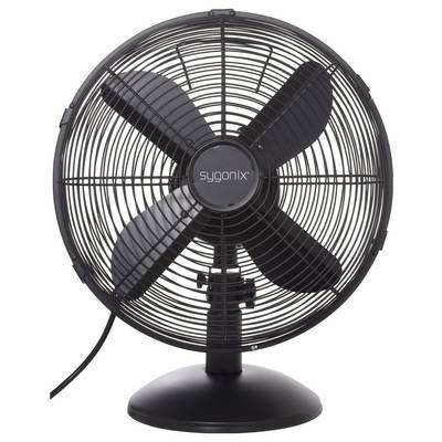 A black rotating fan with four blades, branded 'sygonix', housed in a wire cage, on a round base, suitable for indoor use.