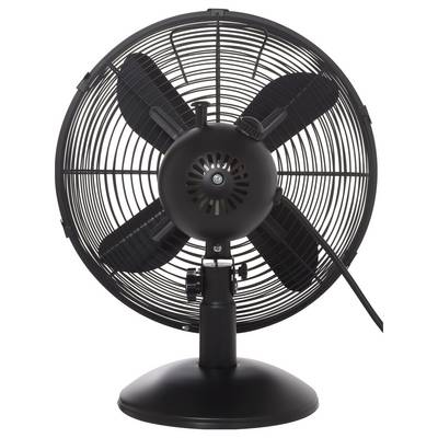 A black electric desk fan with a metal grill and four blades, viewed from the front.