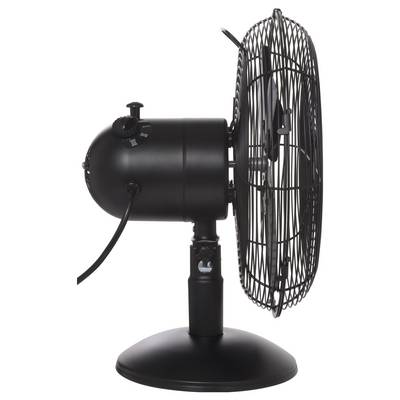 A side view of a black electric fan with a circular metal frame and adjustable tilt. The power cord is visible, suggesting it's not in use.