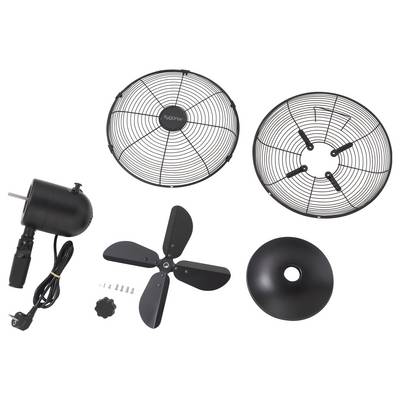Disassembled parts of a black fan including a motor, four fan blades, two protective grills, screws, and a knob arranged on a plain background.