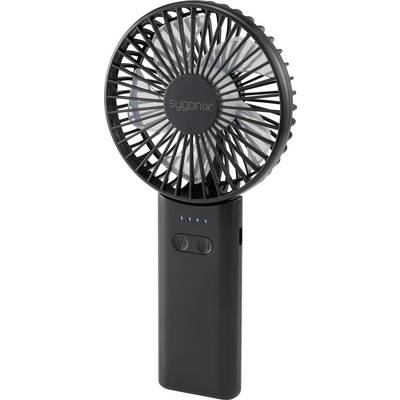 A black handheld battery-operated fan with a circular blade guard, featuring two control buttons and a brand logo in the center.