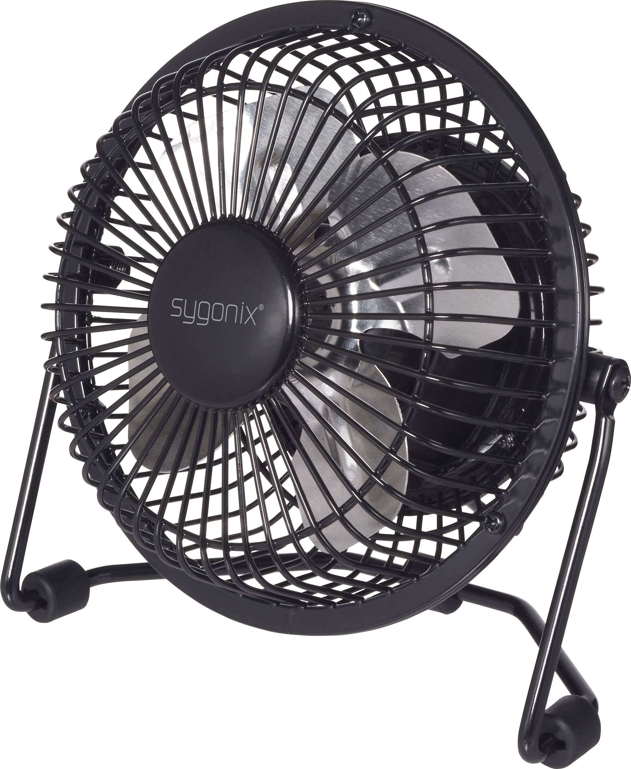 A small black metal desk fan with silver blades, featuring the brand 'sygonix' on the central hub.