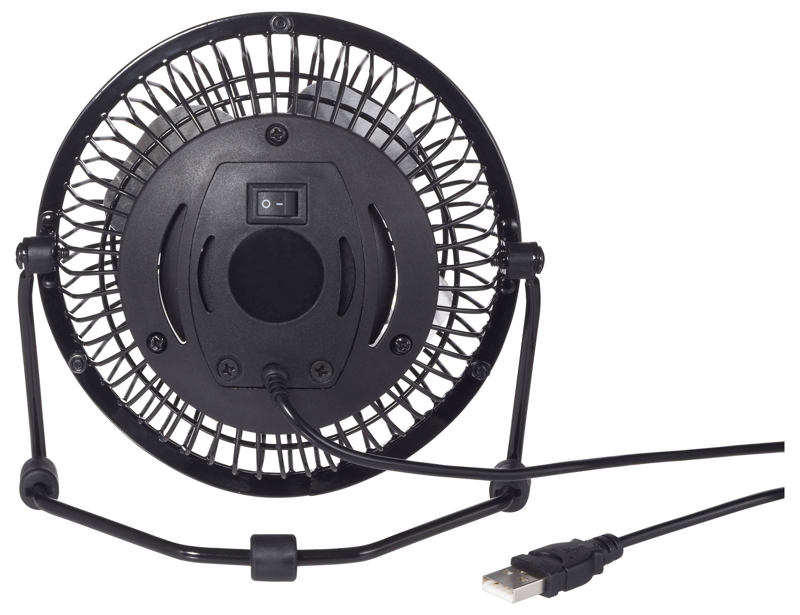 A small, black desk fan with a USB cord, viewed from the back, featuring a power switch and a grid protecting the blades.