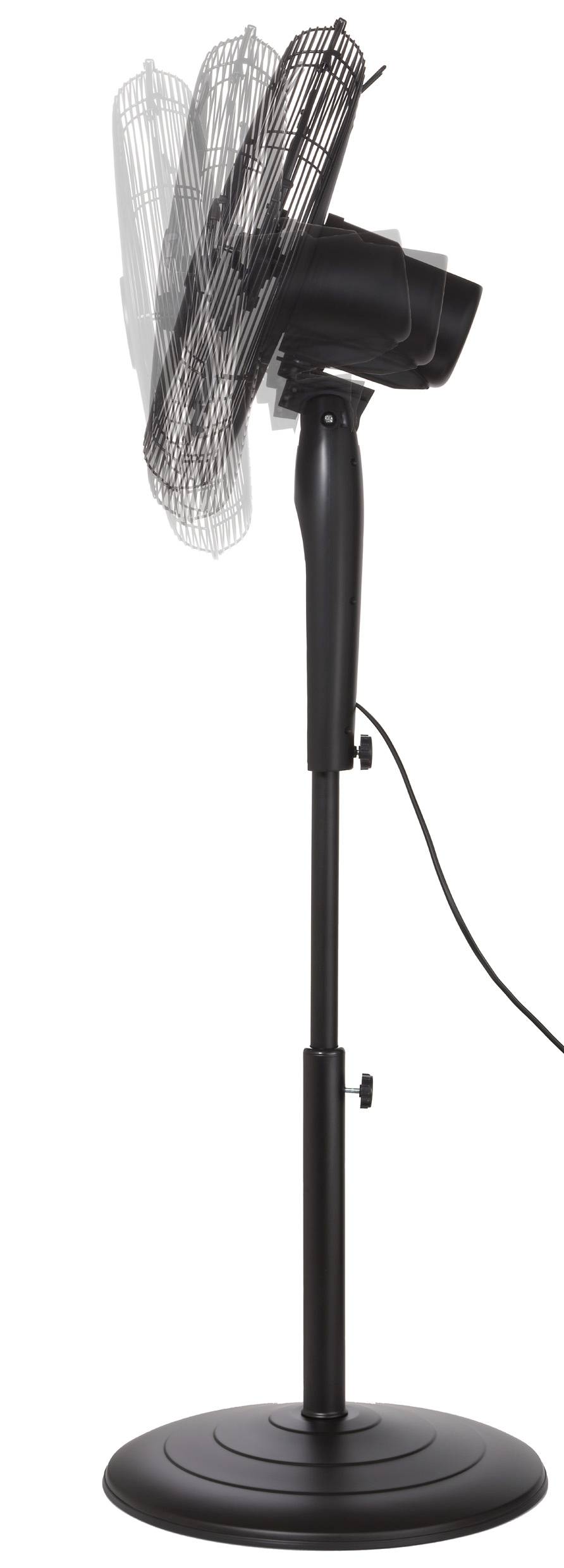 A black oscillating pedestal fan with an adjustable height and tilting head, shown from the side with a visible power cord.