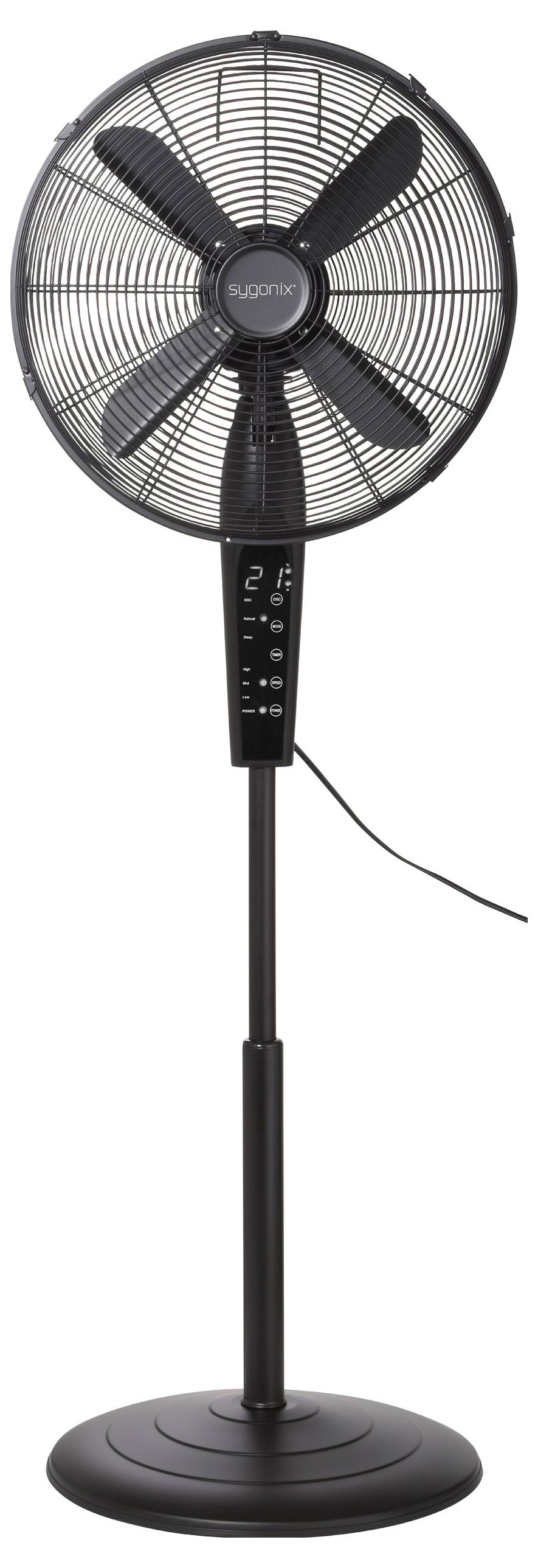 A black pedestal fan with a round mesh grill, five blades, and a control panel on the stand. The power cord is visible.