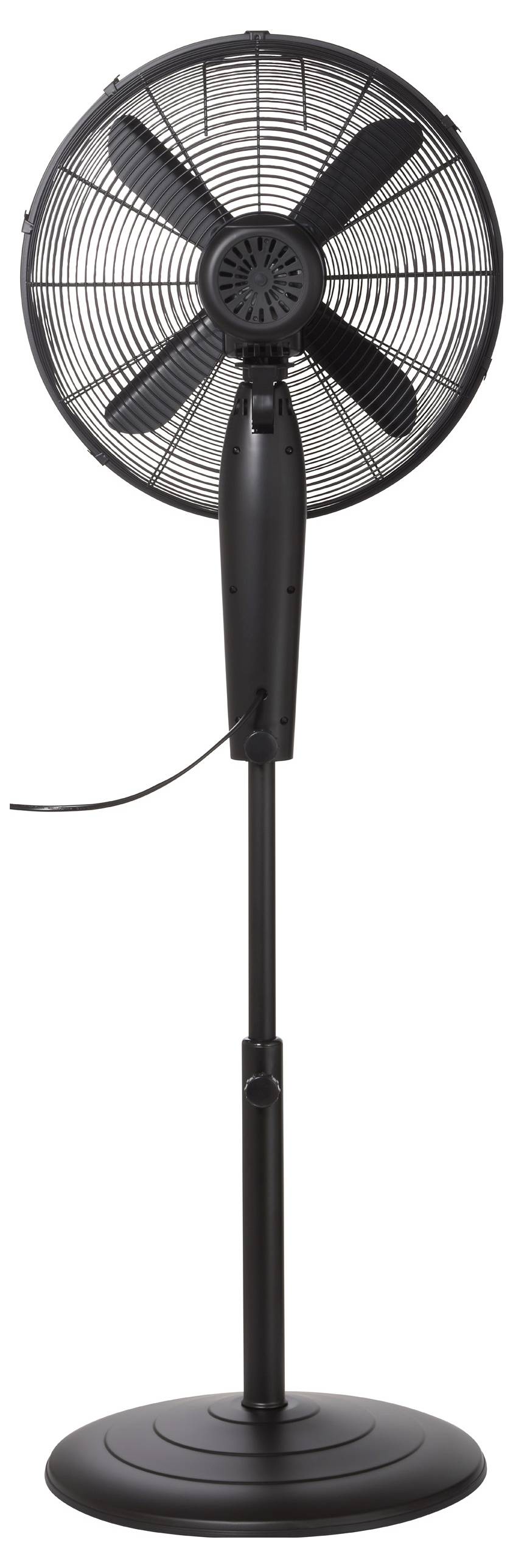 A black standing oscillating fan with a circular metal grill and adjustable height, designed for indoor use.