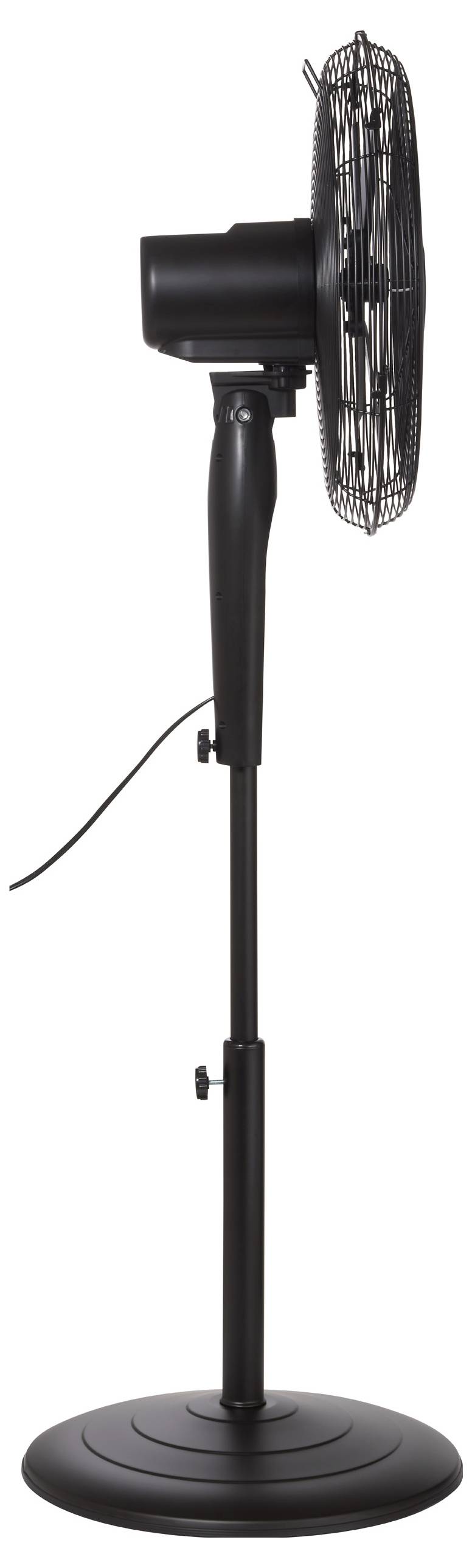 Side view of a tall black oscillating fan with an adjustable stand and circular base. It is unplugged, shown against a plain background.
