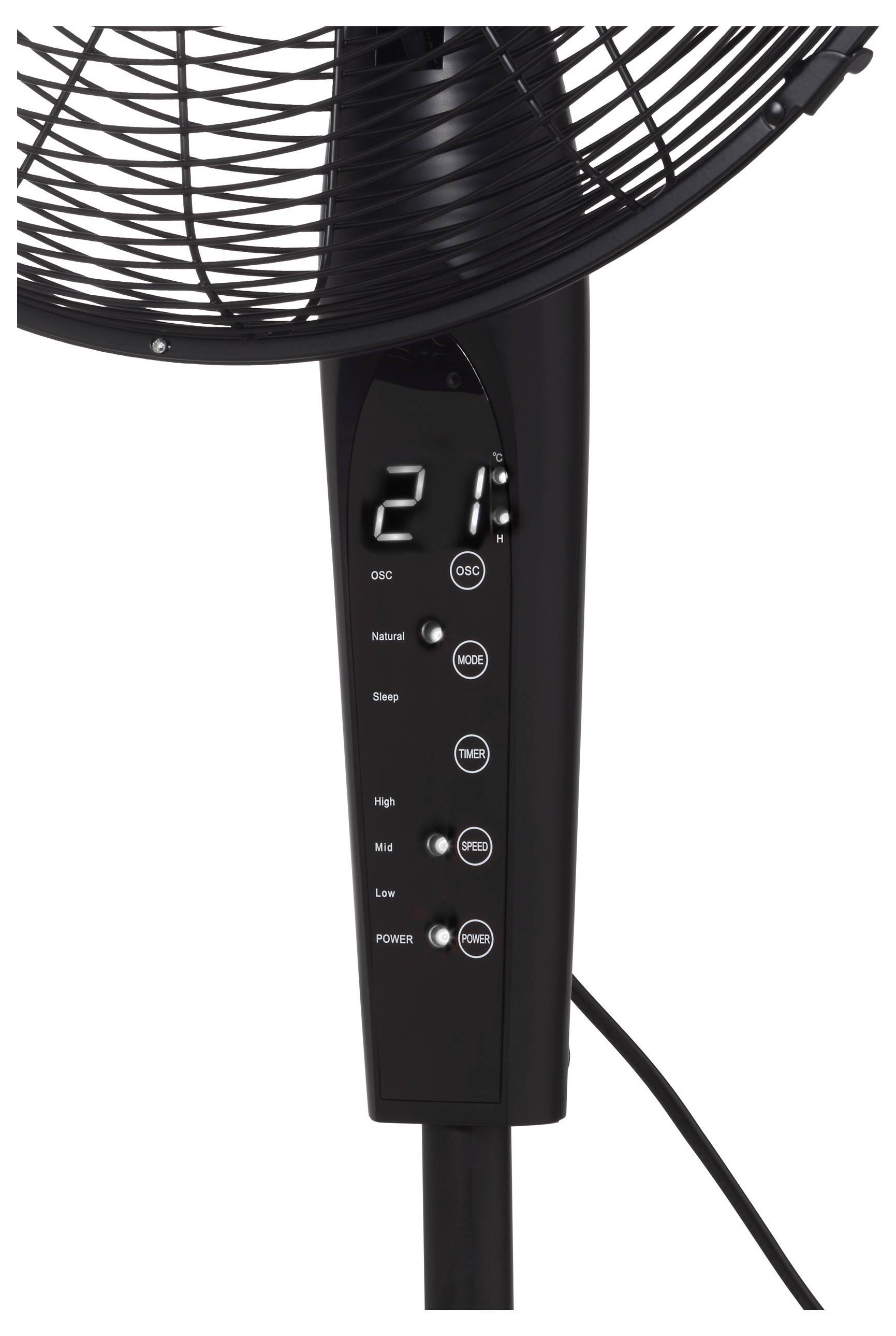 A black standing fan with digital controls displays '21' on a screen. Buttons are labeled for speed and modes: Disc, Natural, Sleep.
