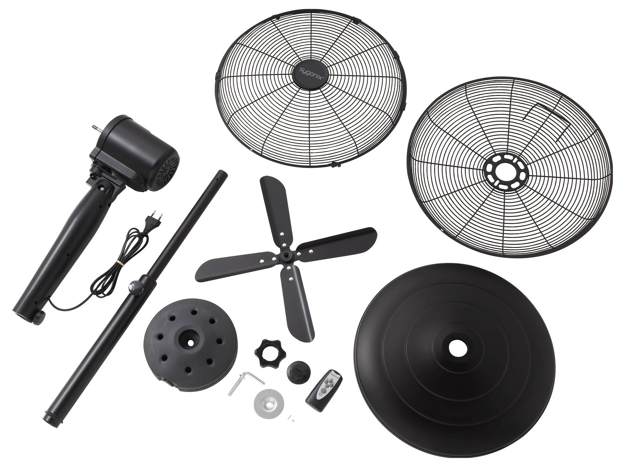 Parts of a black floor fan including motor, blades, grills, base, and screws laid out for assembly.