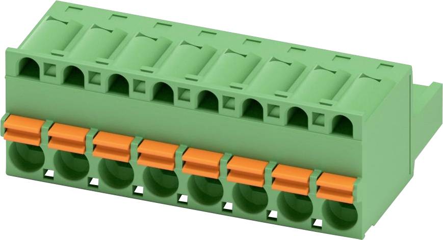 Green and orange electrical terminal block with multiple connection points.