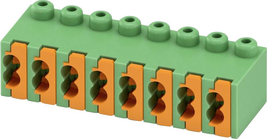 A green and orange terminal block with eight connection points for securing electrical wires.