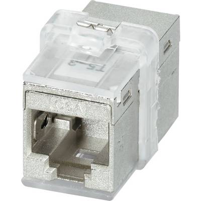 A silver, rectangular network cable connector with a transparent plastic clip on top, designed for secure connection of Ethernet cables.