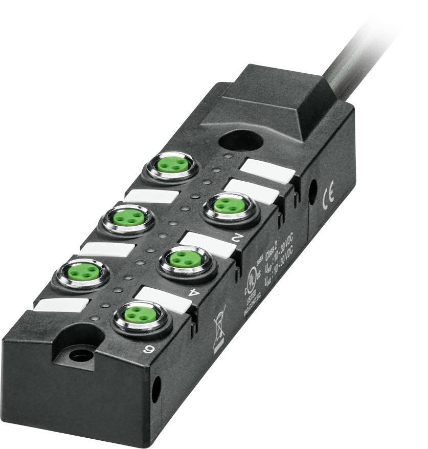 A black industrial connector block with six green circular slots, labeled 1 to 6, for connecting multiple cables in an electrical setup.