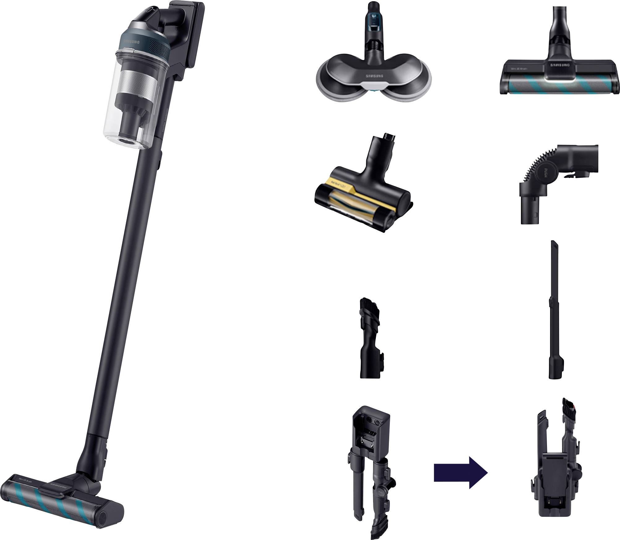 A stick vacuum cleaner shown with various attachments, including nozzles and brushes, illustrating versatility and options for cleaning.