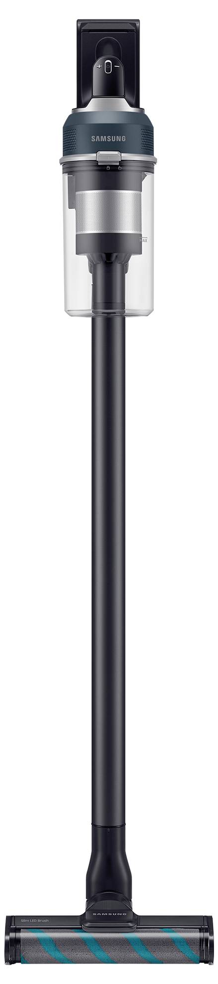 A sleek, upright cordless vacuum cleaner with a transparent dustbin, featuring a blue and gray design.