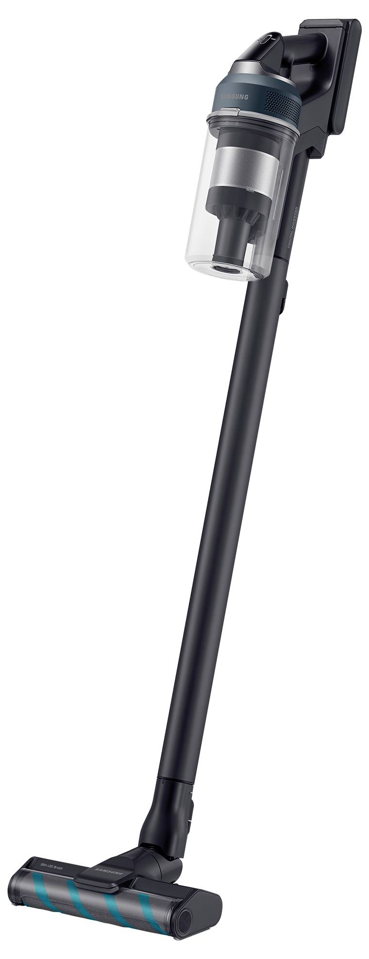 A cordless vacuum cleaner with a sleek design, featuring a transparent dust container and a long, black handle suitable for easy maneuvering.