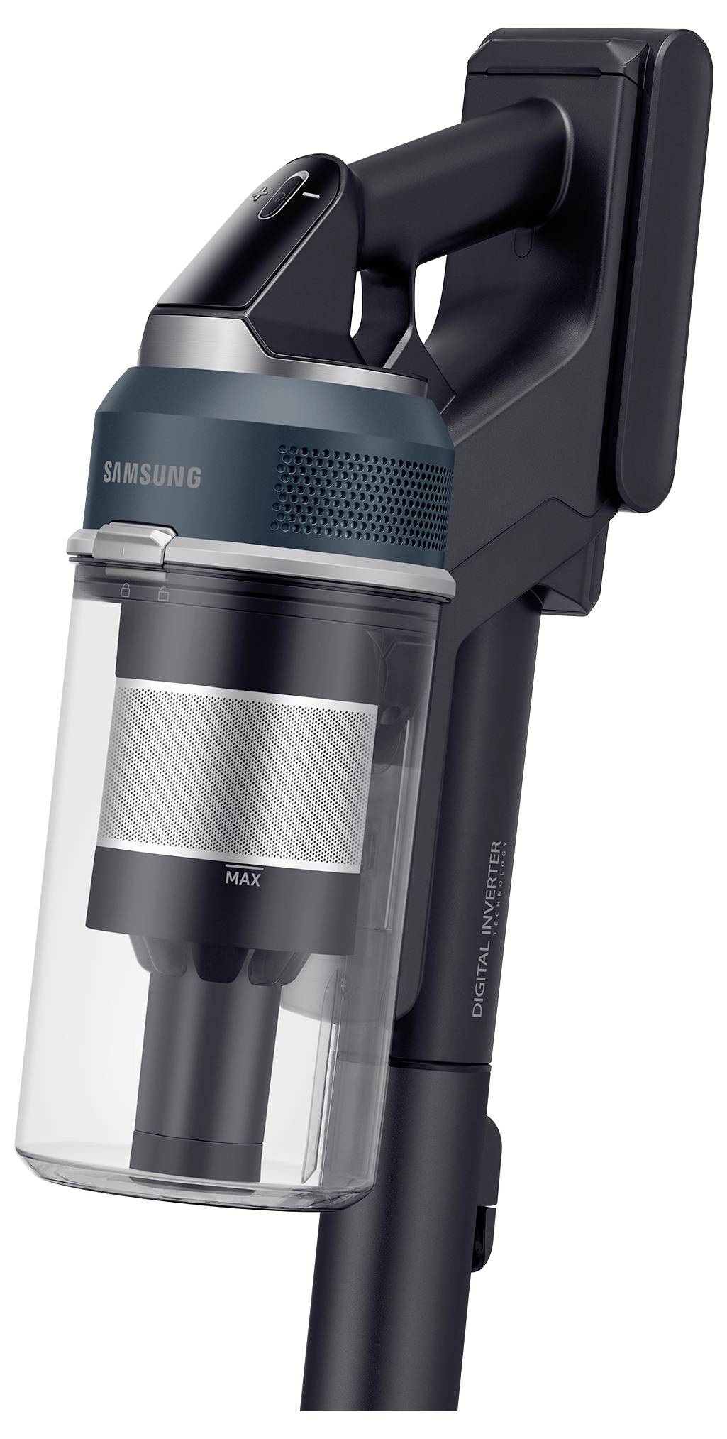 A cordless Samsung vacuum cleaner with a clear dustbin and ergonomic handle, designed for easy maneuverability and efficient cleaning.