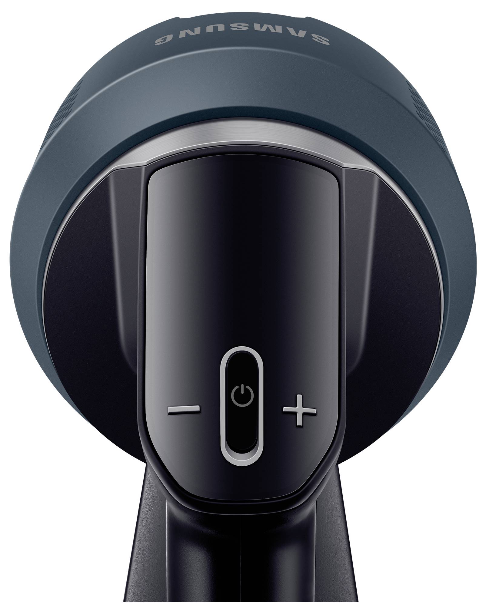 A black and blue Samsung device with buttons for power and volume control, viewed from the top, showcasing the design and controls.