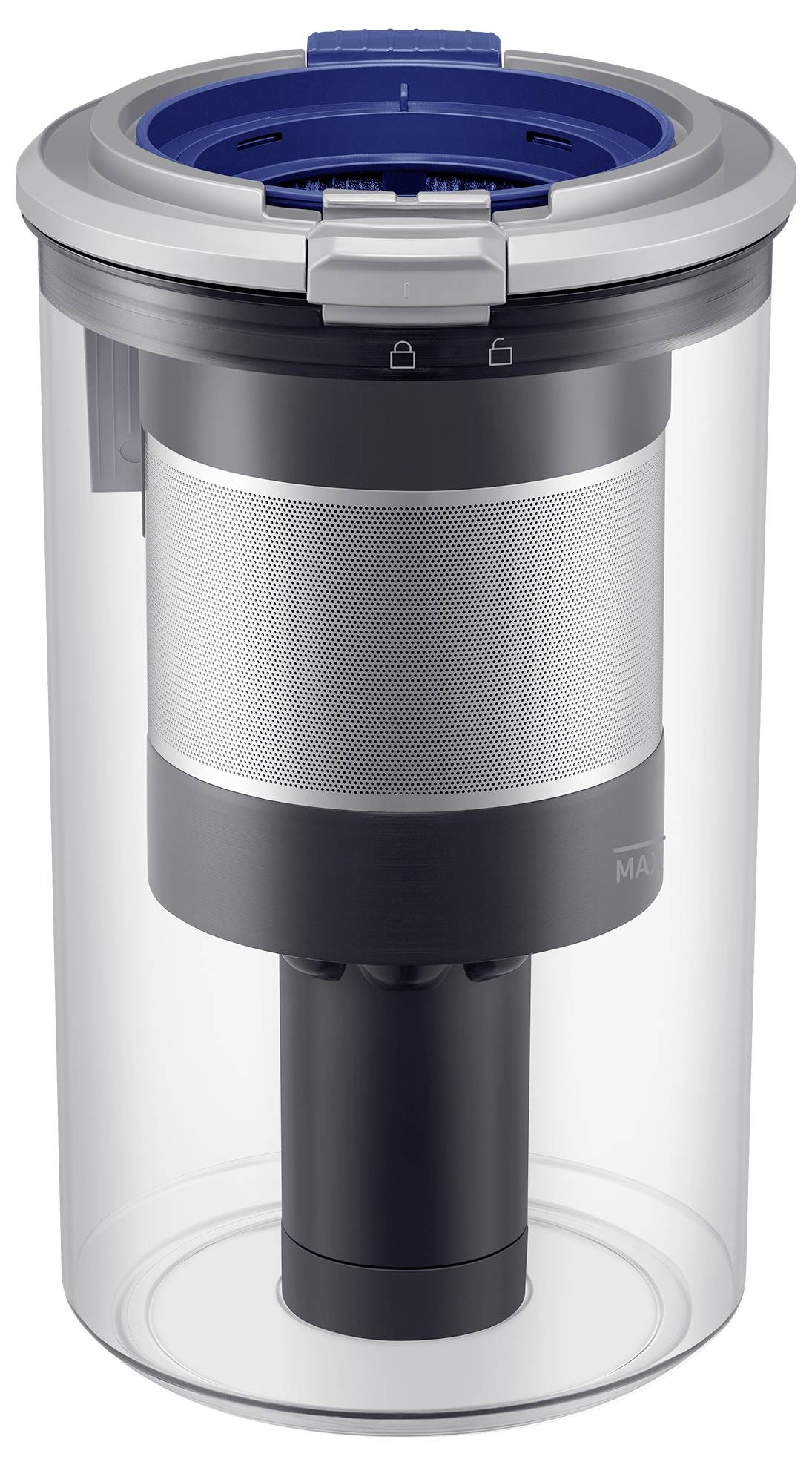 A transparent vacuum cleaner dust container with a cylindrical filter inside, showing its locking mechanism on top.