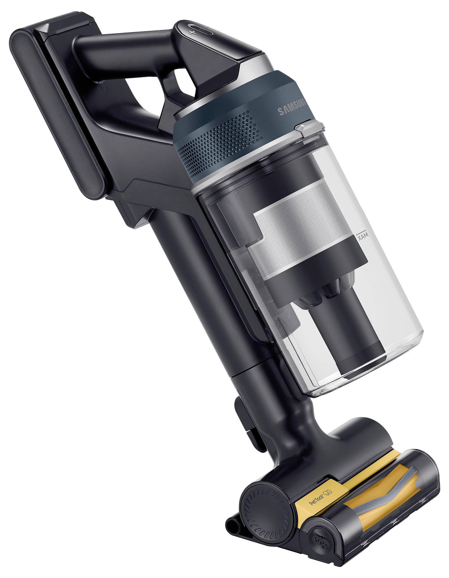 A handheld cordless vacuum cleaner with a transparent dustbin and black and silver design, ideal for quick clean-ups and portable use.